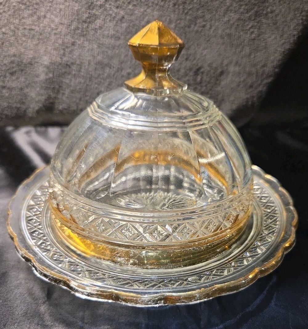 Indiana Glass Star Band covered butter dish Star Pattern Gold Trim